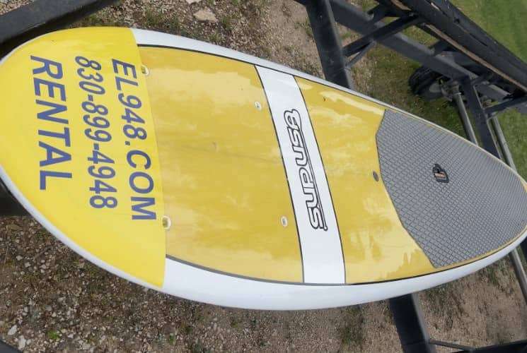 Gray and yellow paddle board